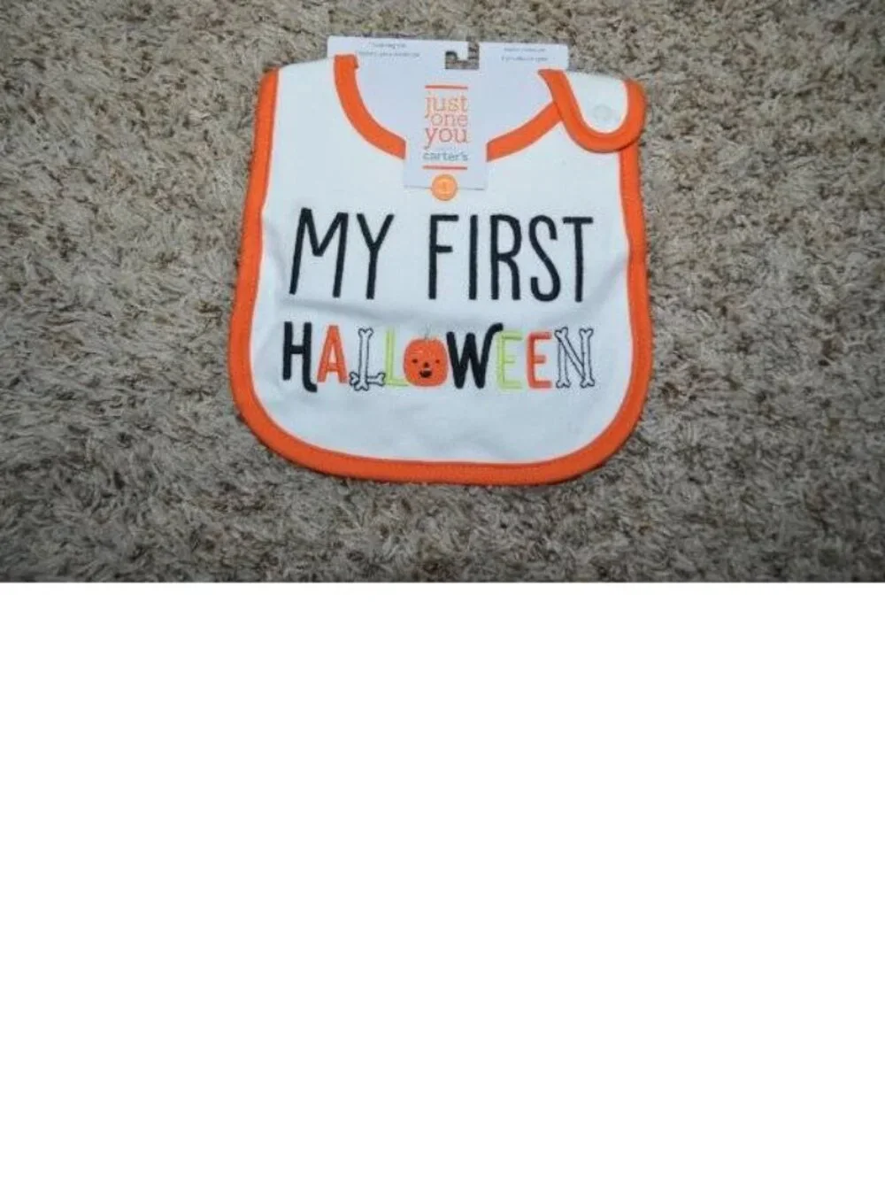 Baby My First Halloween Bib White Orange Water Resistant Snap Closure